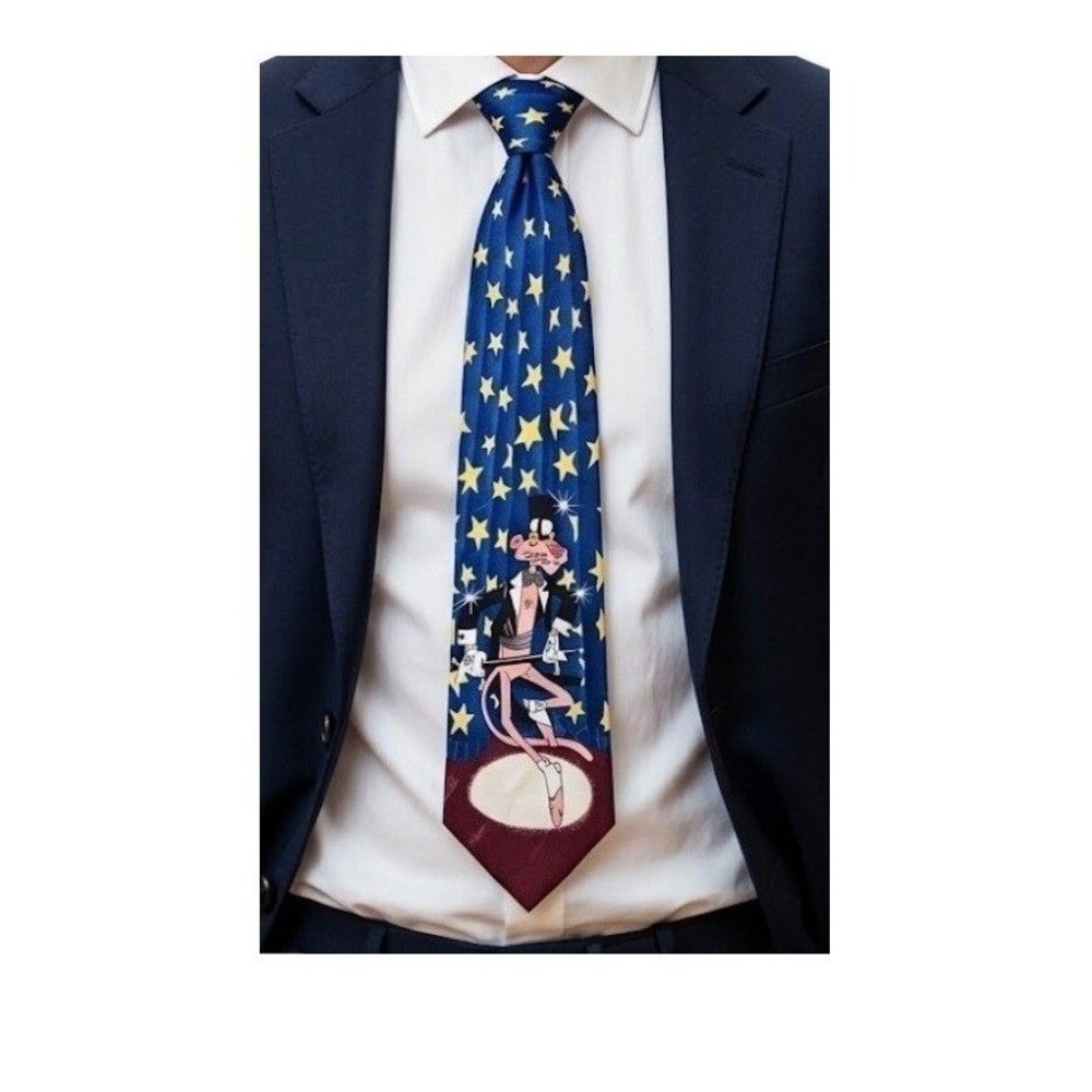 Vintage 90s The Pink Panther Necktie Star Tapping Silk Red Blue Gold